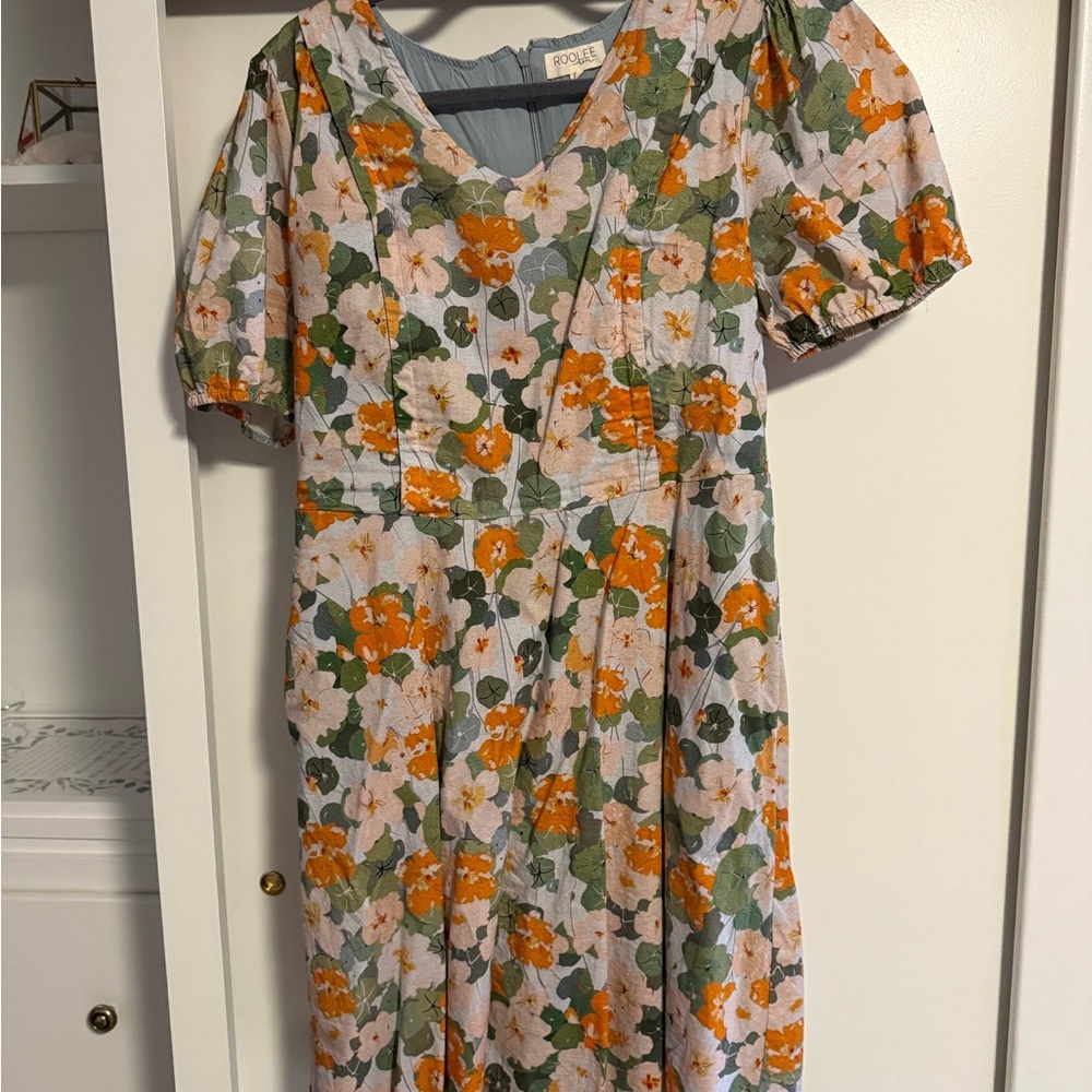 Roolee Floral Dress with Orange and Green Accents